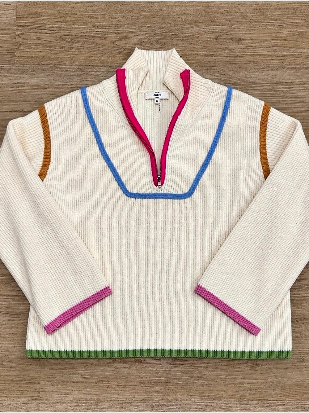 entro Ecru 1/4 Zip Sweater with Multi-Color Contrast Trim Color Block Turtleneck